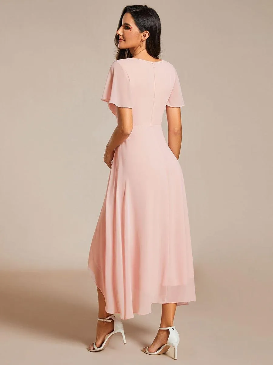 Lana | Pleated Chiffon Ruffles Sleeve Midi Evening Dress