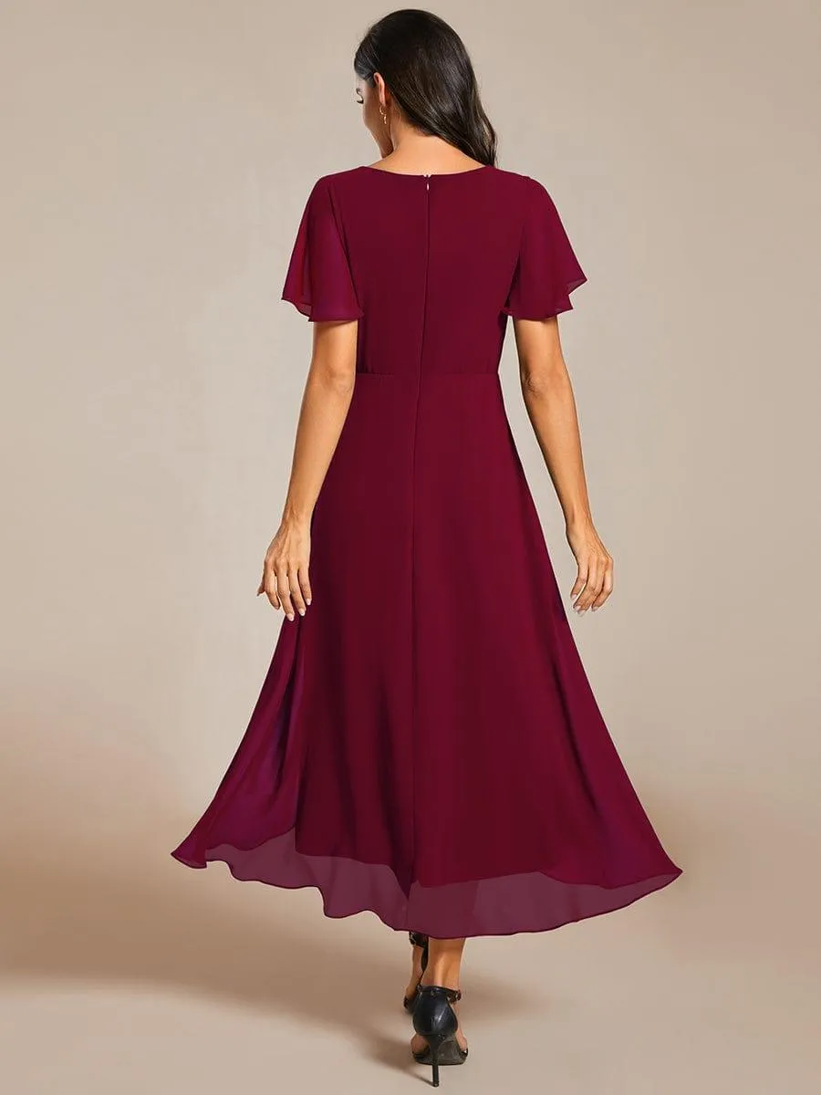 Lana | Pleated Chiffon Ruffles Sleeve Midi Evening Dress