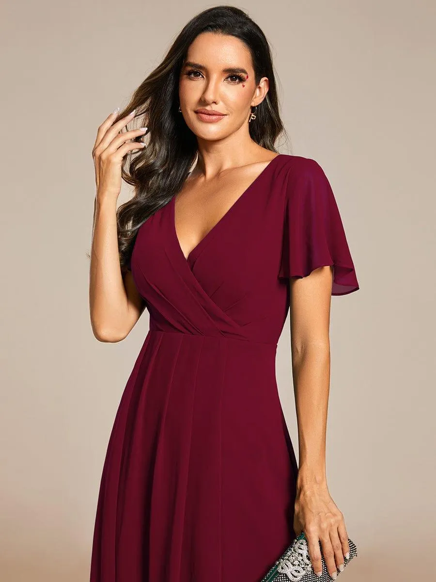 Lana | Pleated Chiffon Ruffles Sleeve Midi Evening Dress