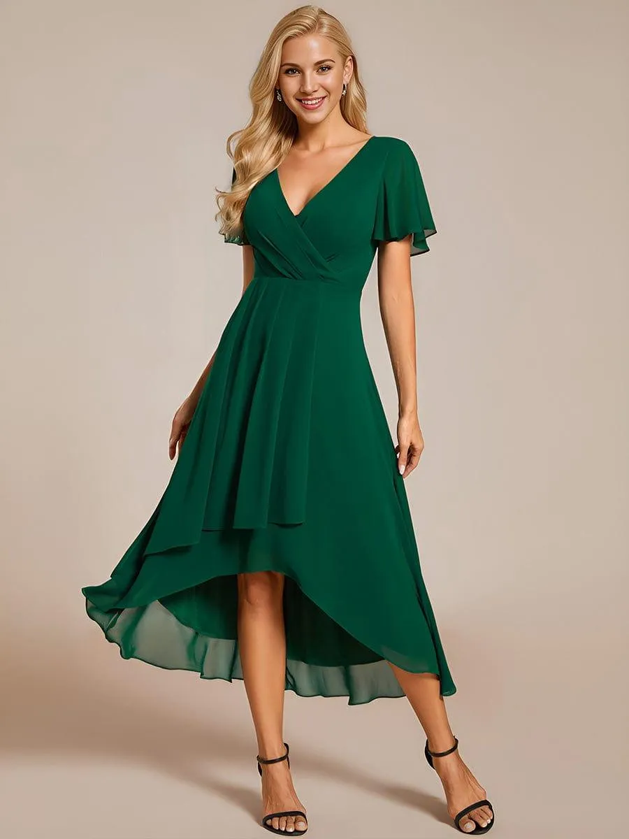 Lana | Pleated Chiffon Ruffles Sleeve Midi Evening Dress