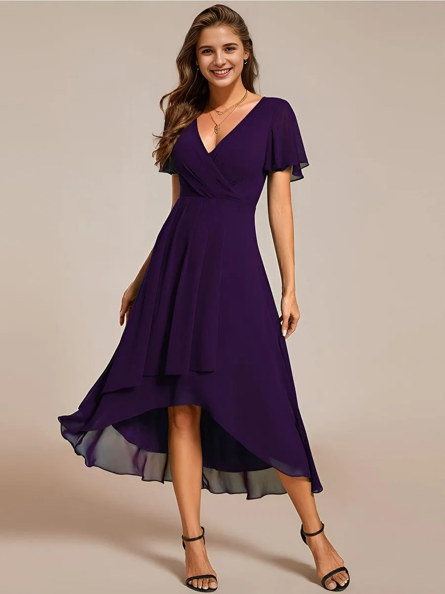 Lana | Pleated Chiffon Ruffles Sleeve Midi Evening Dress