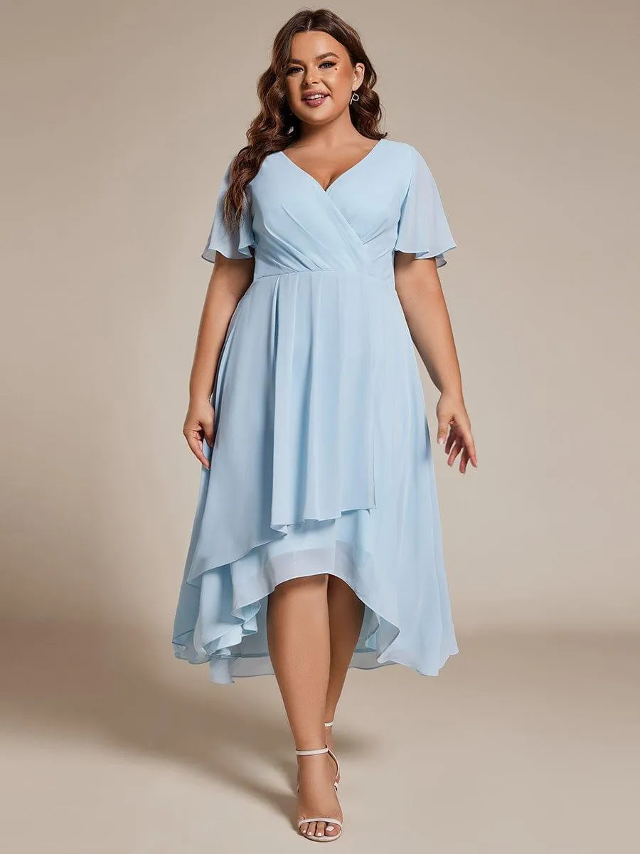 Lana | Pleated Chiffon Ruffles Sleeve Midi Evening Dress