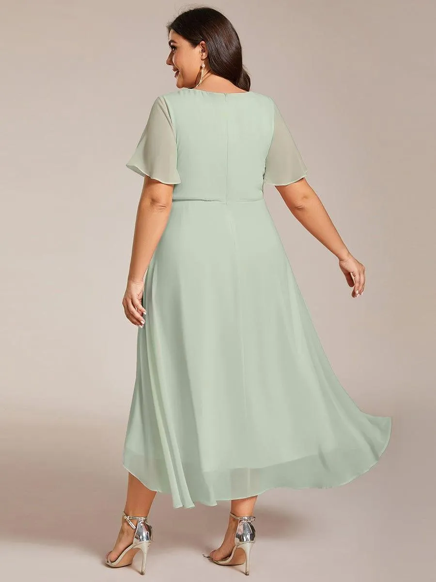Lana | Pleated Chiffon Ruffles Sleeve Midi Evening Dress