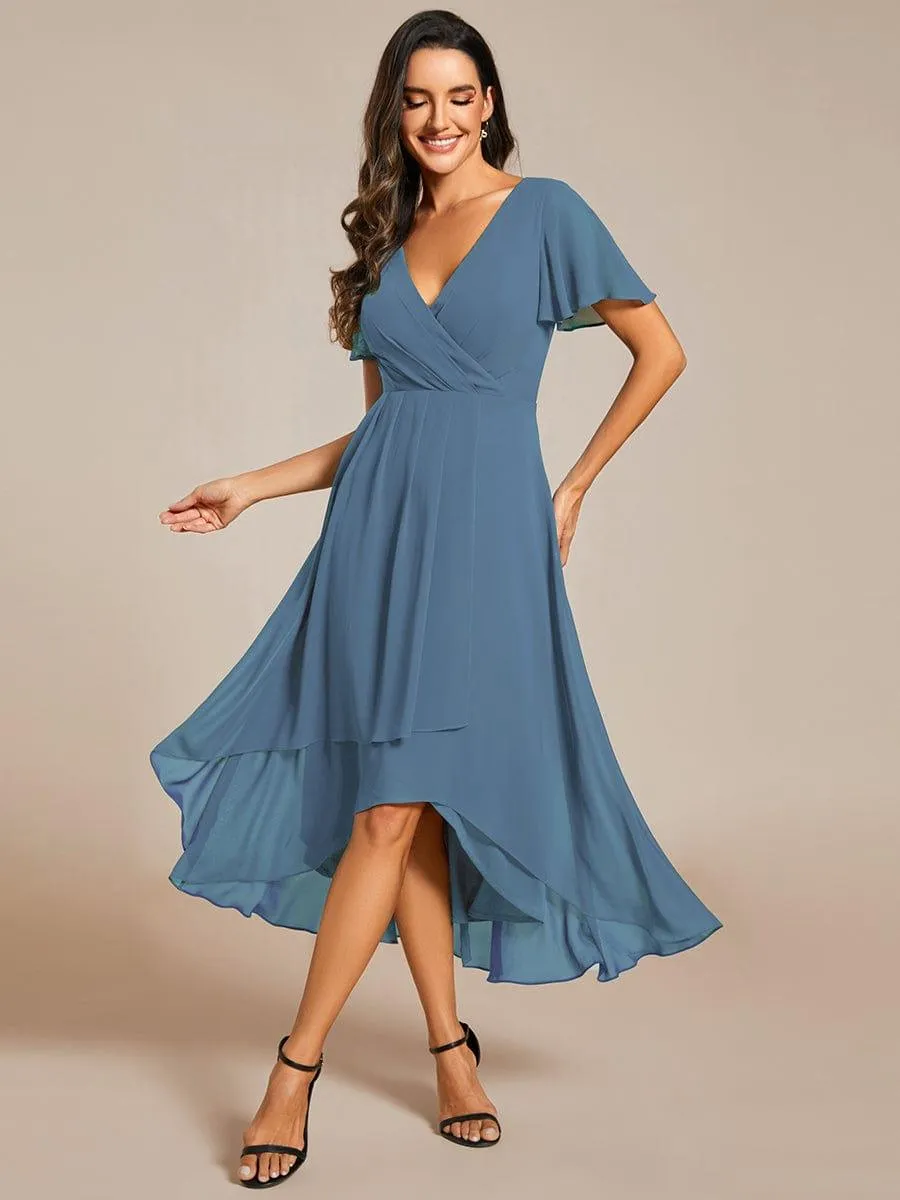 Lana | Pleated Chiffon Ruffles Sleeve Midi Evening Dress