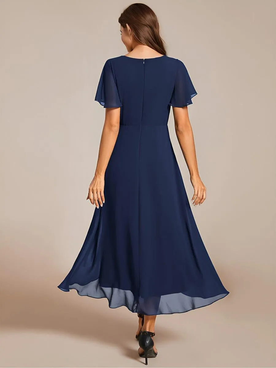 Lana | Pleated Chiffon Ruffles Sleeve Midi Evening Dress