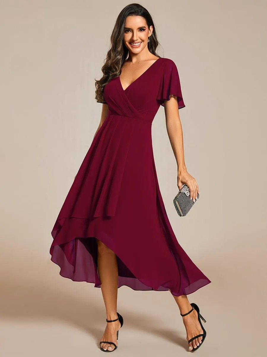 Lana | Pleated Chiffon Ruffles Sleeve Midi Evening Dress