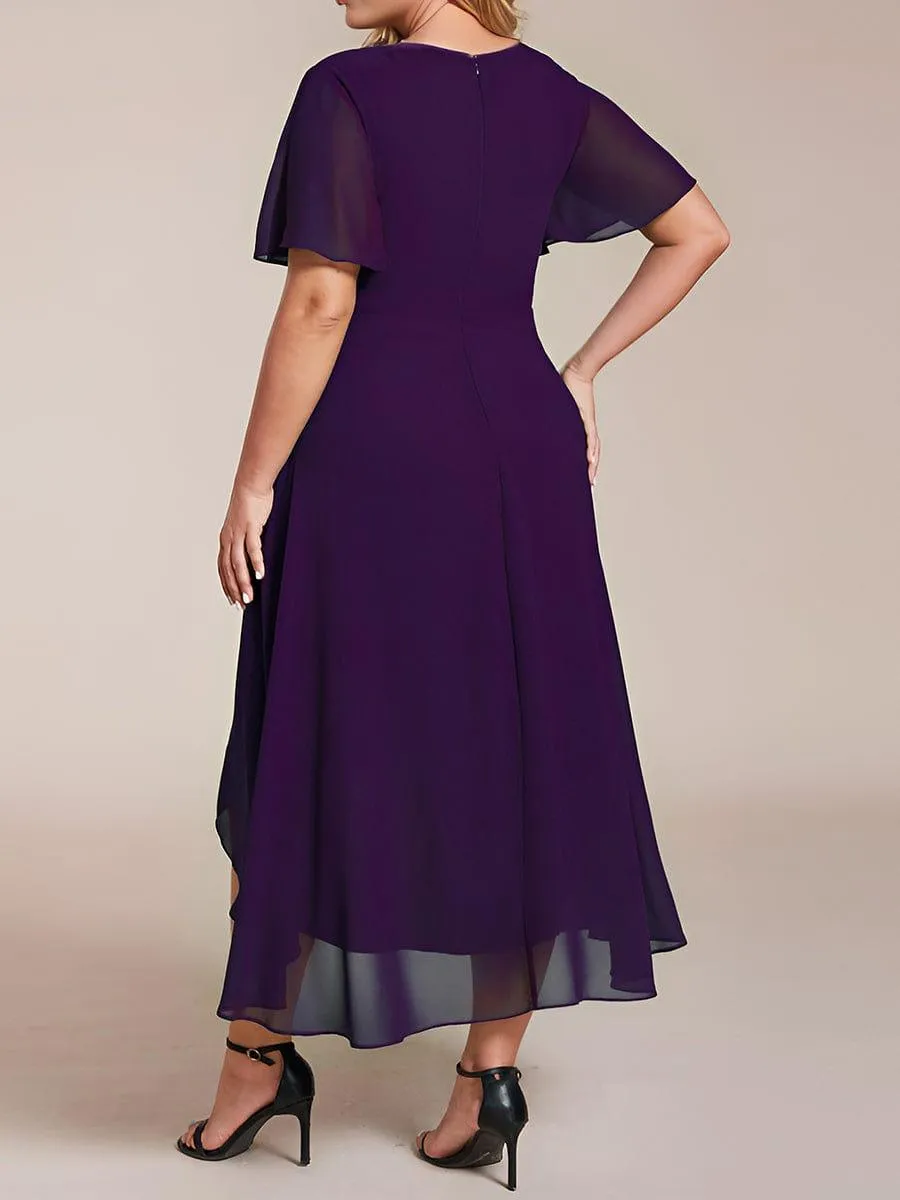 Lana | Pleated Chiffon Ruffles Sleeve Midi Evening Dress