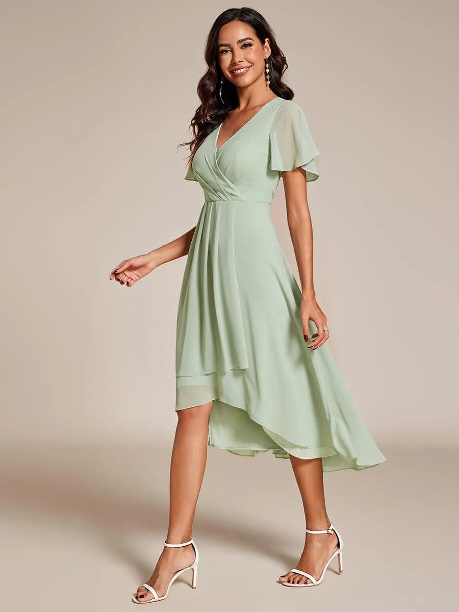 Lana | Pleated Chiffon Ruffles Sleeve Midi Evening Dress