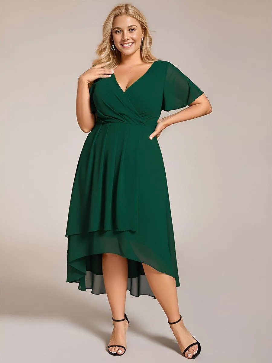 Lana | Pleated Chiffon Ruffles Sleeve Midi Evening Dress
