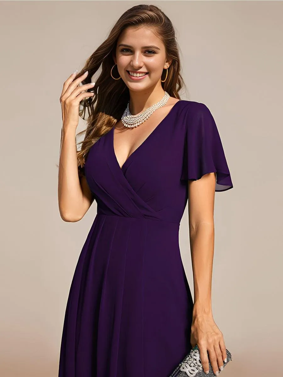 Lana | Pleated Chiffon Ruffles Sleeve Midi Evening Dress