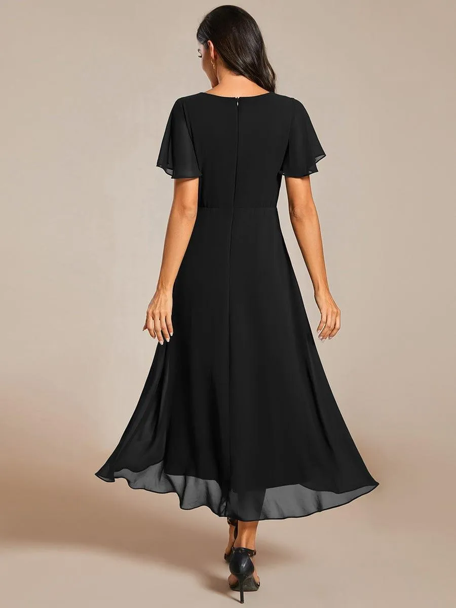 Lana | Pleated Chiffon Ruffles Sleeve Midi Evening Dress