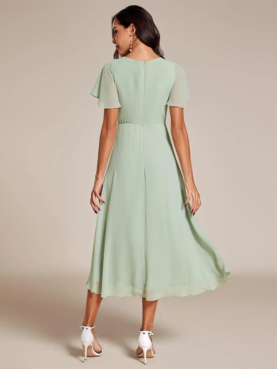 Lana | Pleated Chiffon Ruffles Sleeve Midi Evening Dress