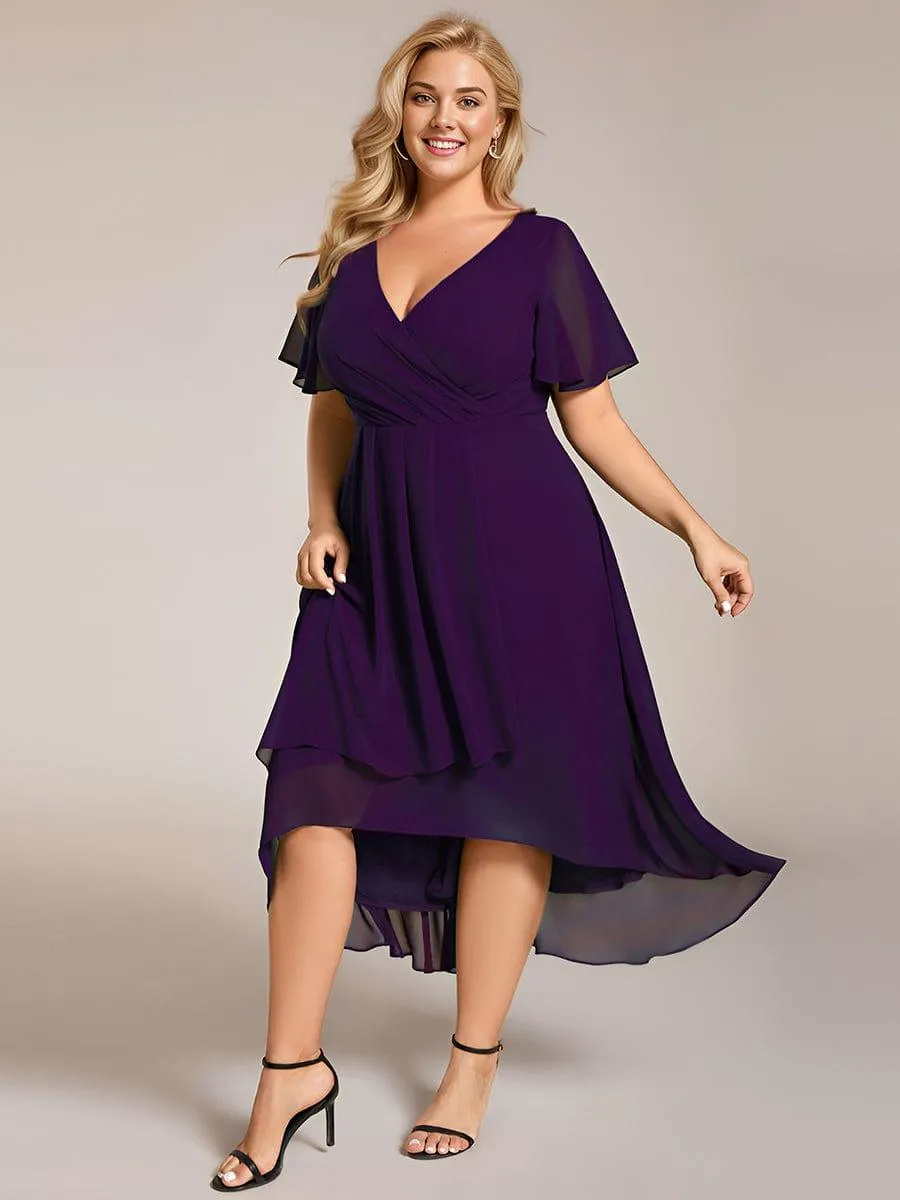 Lana | Pleated Chiffon Ruffles Sleeve Midi Evening Dress