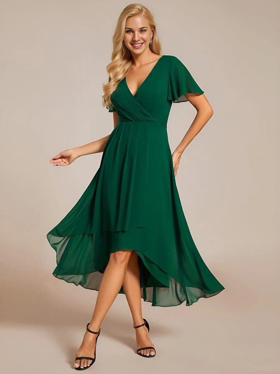 Lana | Pleated Chiffon Ruffles Sleeve Midi Evening Dress
