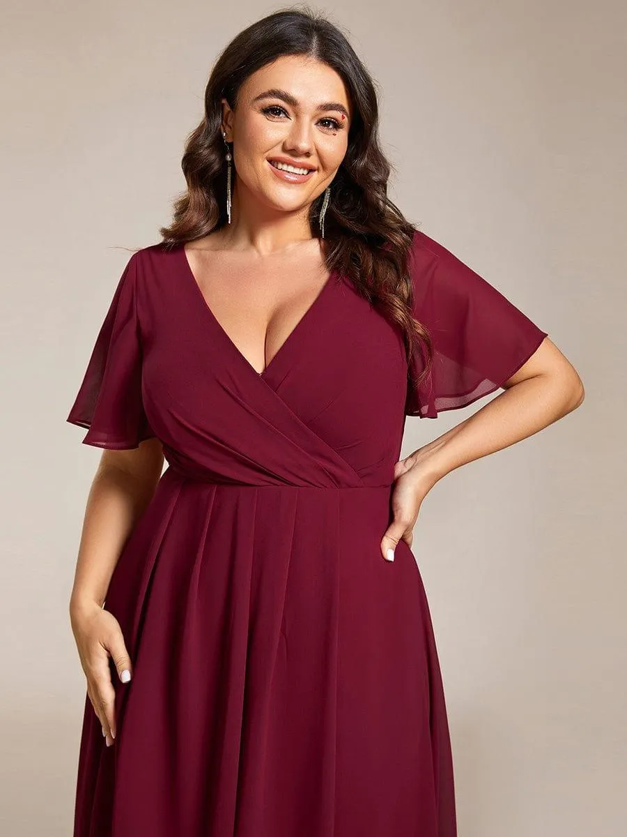 Lana | Pleated Chiffon Ruffles Sleeve Midi Evening Dress