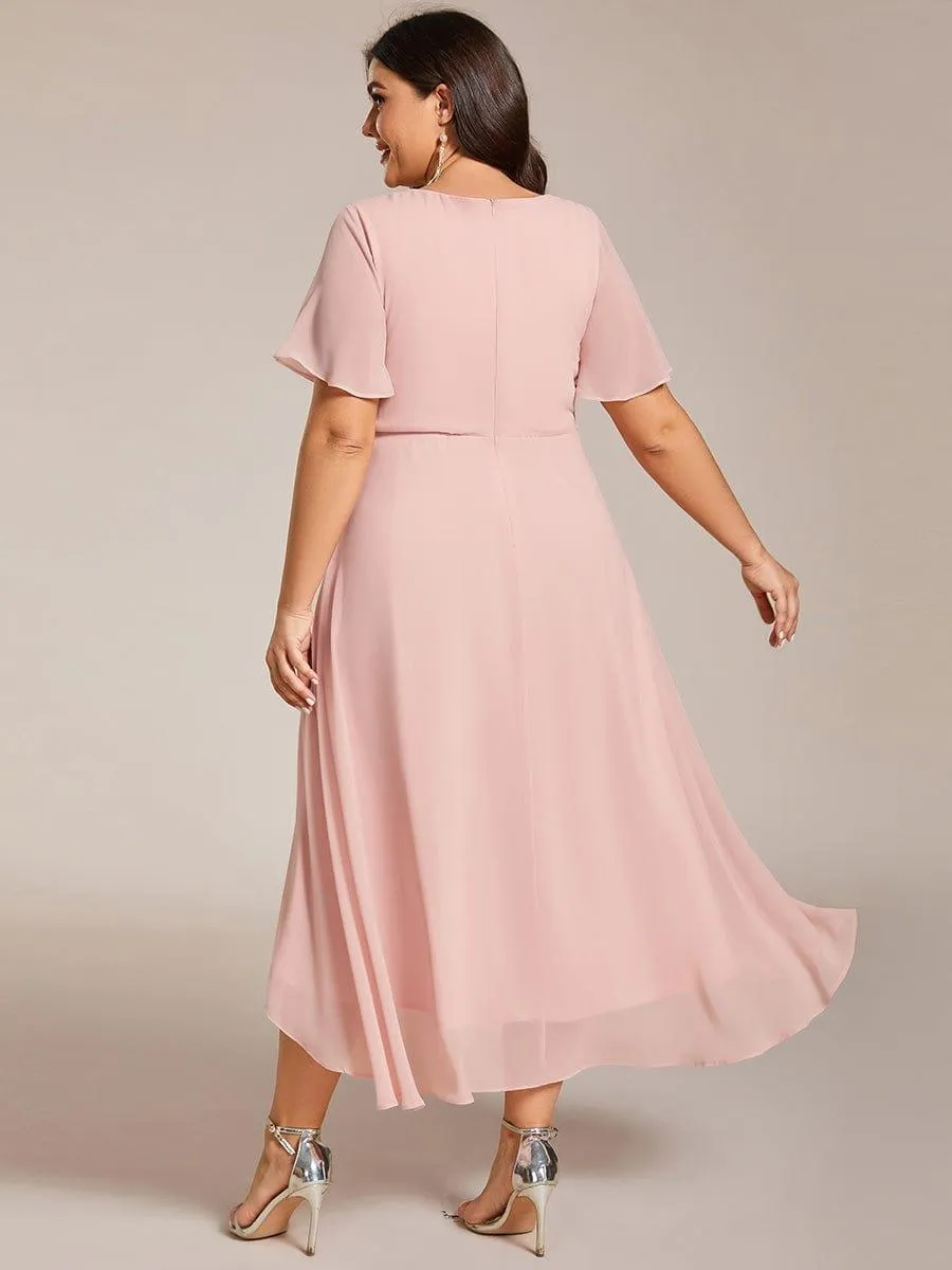 Lana | Pleated Chiffon Ruffles Sleeve Midi Evening Dress