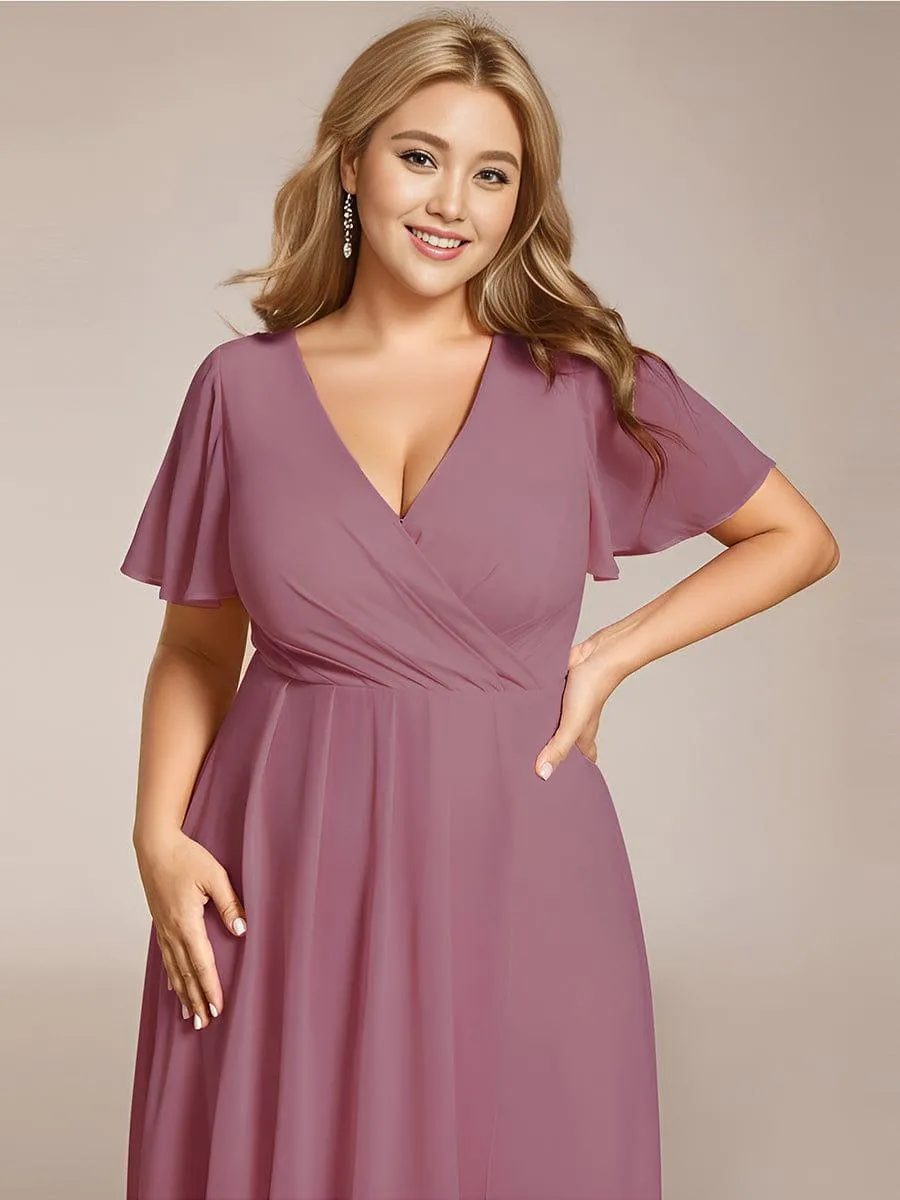 Lana | Pleated Chiffon Ruffles Sleeve Midi Evening Dress