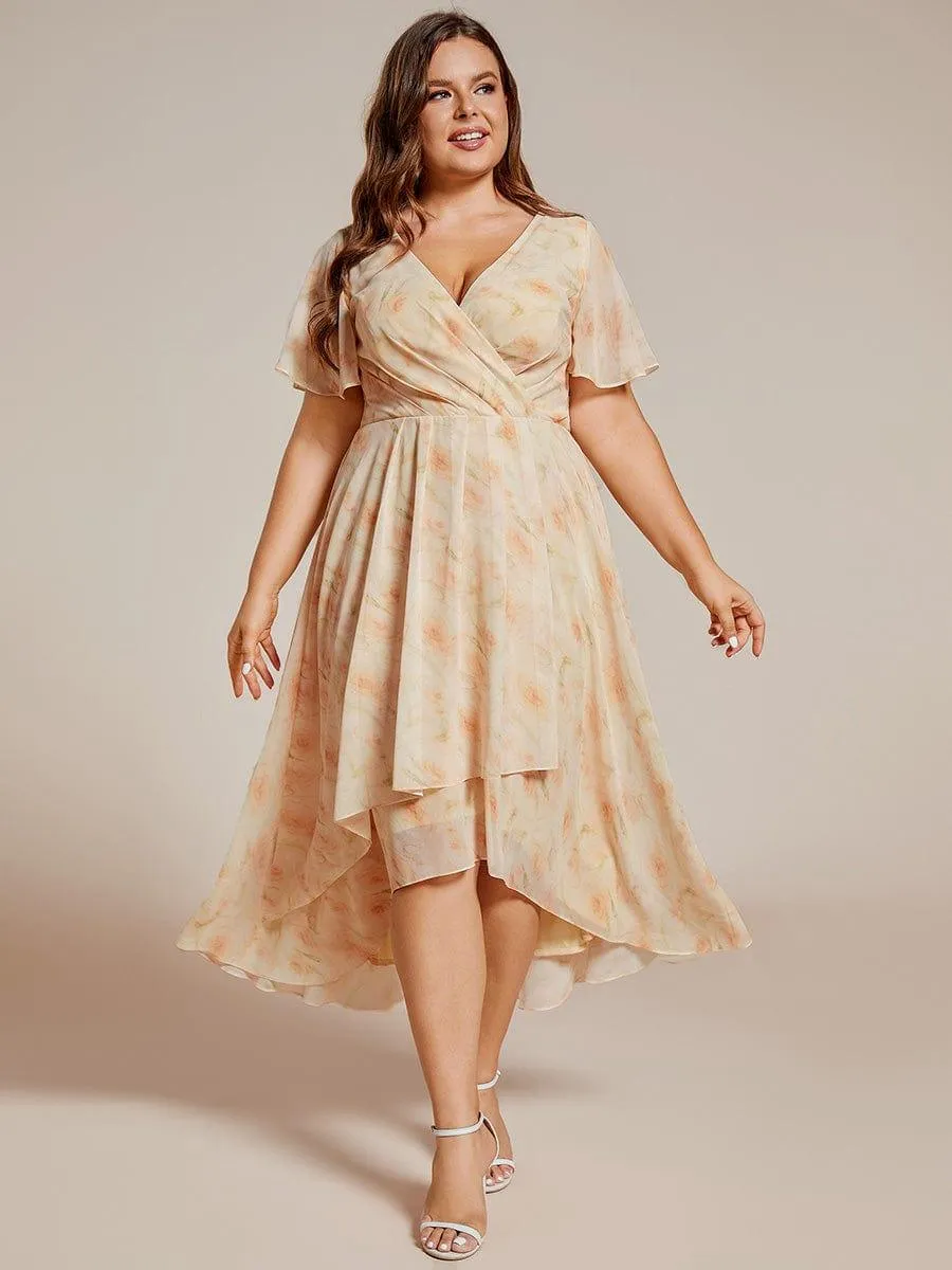 Lana | Pleated Chiffon Ruffles Sleeve Midi Evening Dress