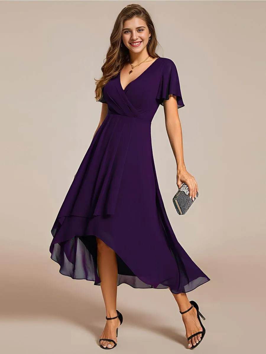 Lana | Pleated Chiffon Ruffles Sleeve Midi Evening Dress
