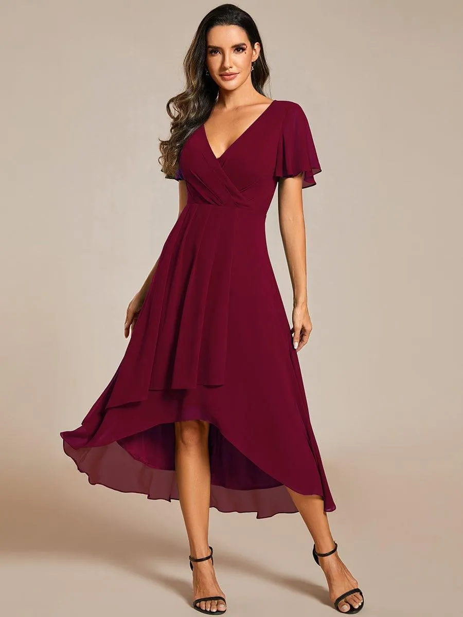Lana | Pleated Chiffon Ruffles Sleeve Midi Evening Dress