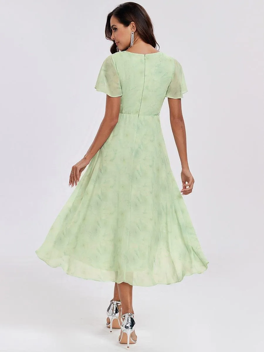 Lana | Pleated Chiffon Ruffles Sleeve Midi Evening Dress