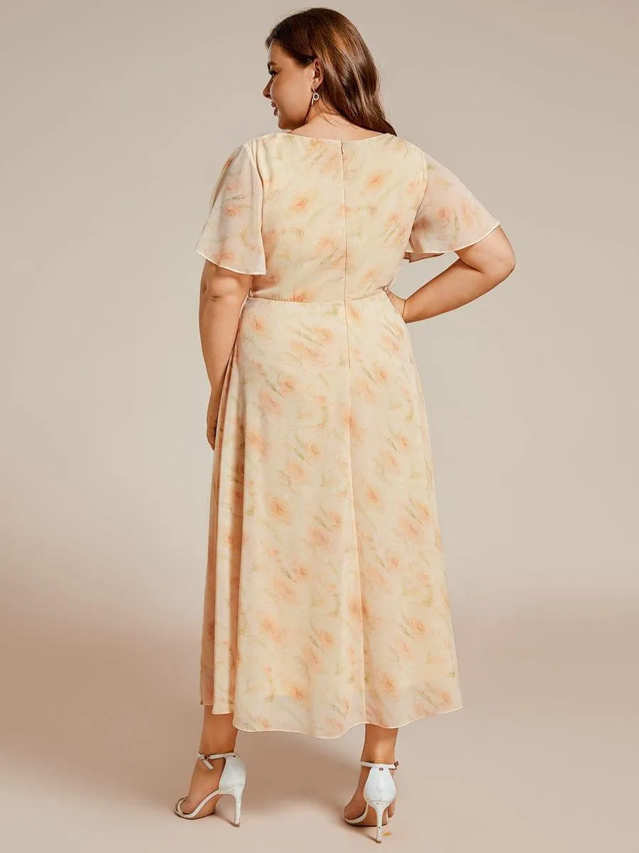 Lana | Pleated Chiffon Ruffles Sleeve Midi Evening Dress