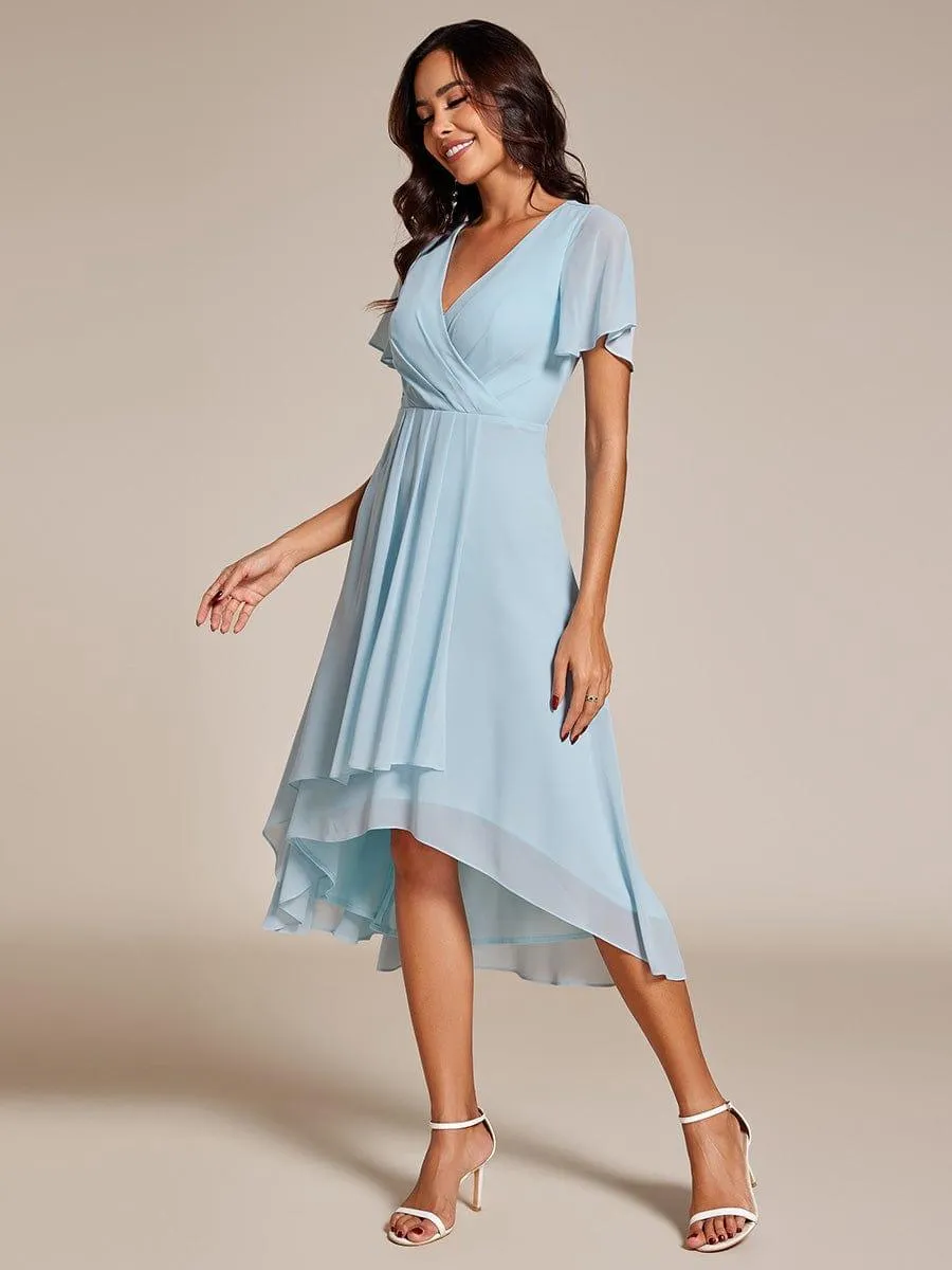 Lana | Pleated Chiffon Ruffles Sleeve Midi Evening Dress