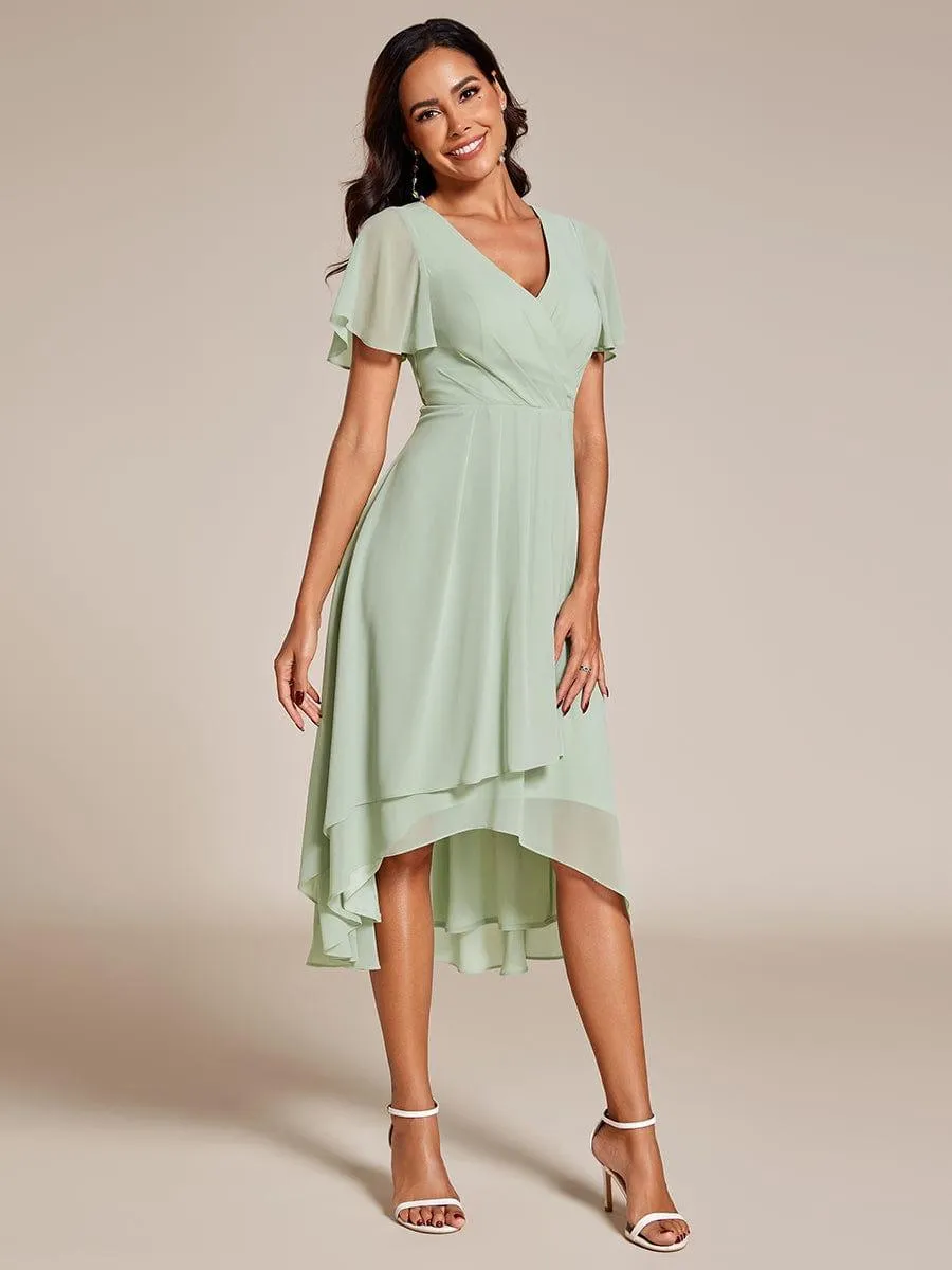 Lana | Pleated Chiffon Ruffles Sleeve Midi Evening Dress
