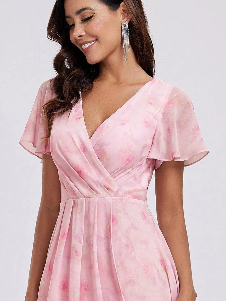 Lana | Pleated Chiffon Ruffles Sleeve Midi Evening Dress