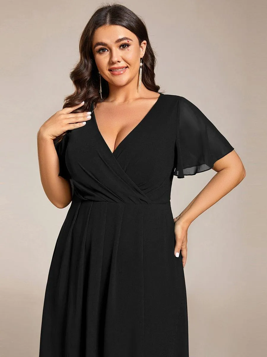 Lana | Pleated Chiffon Ruffles Sleeve Midi Evening Dress