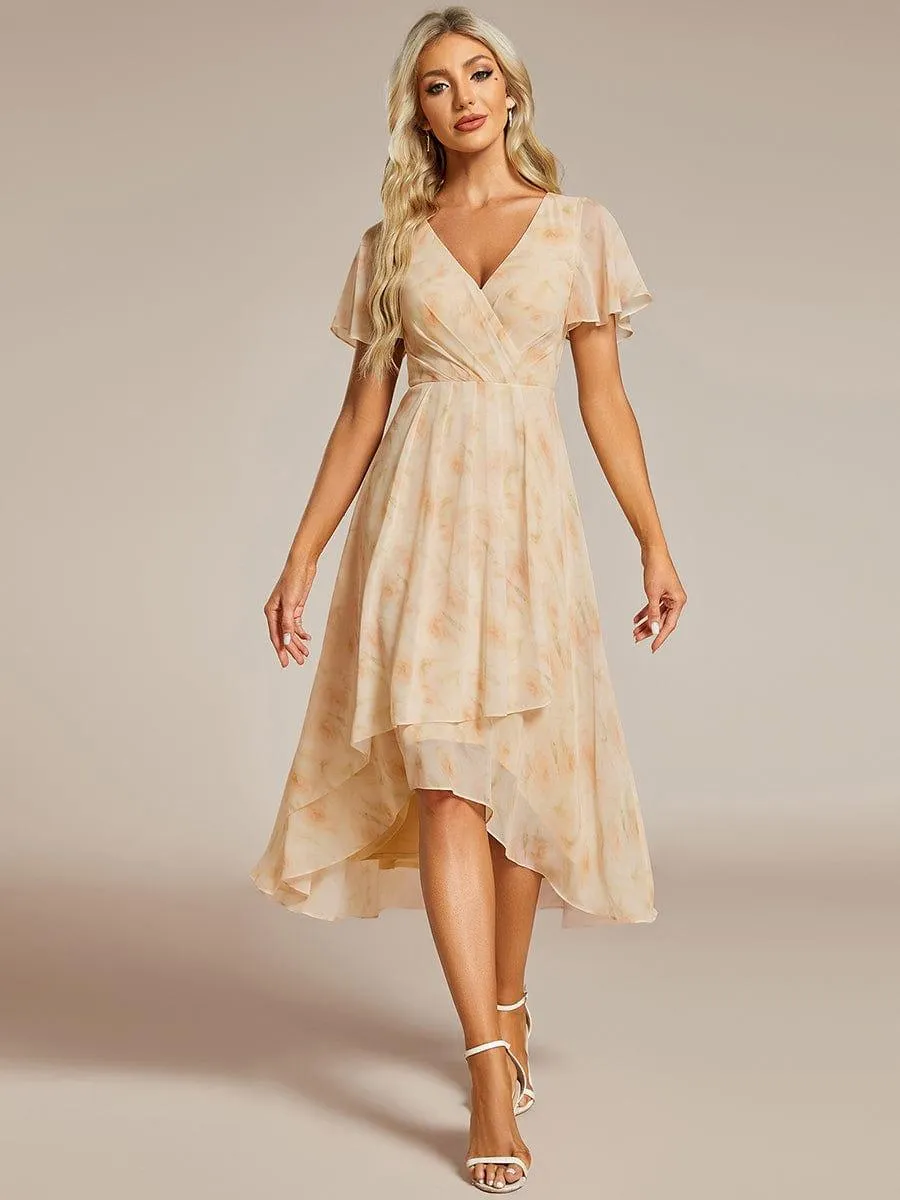 Lana | Pleated Chiffon Ruffles Sleeve Midi Evening Dress