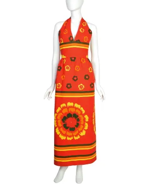 Lanvin Vintage 1972 Iconic Vibrant Red Multicolor Floral Cotton Pique Halter Dress