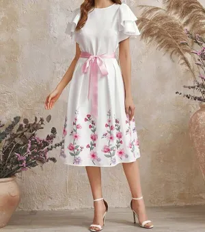 Layered Flutter Sleeve Floral Print Belted Dress