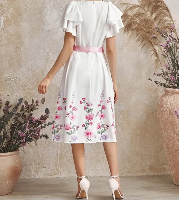 Layered Flutter Sleeve Floral Print Belted Dress