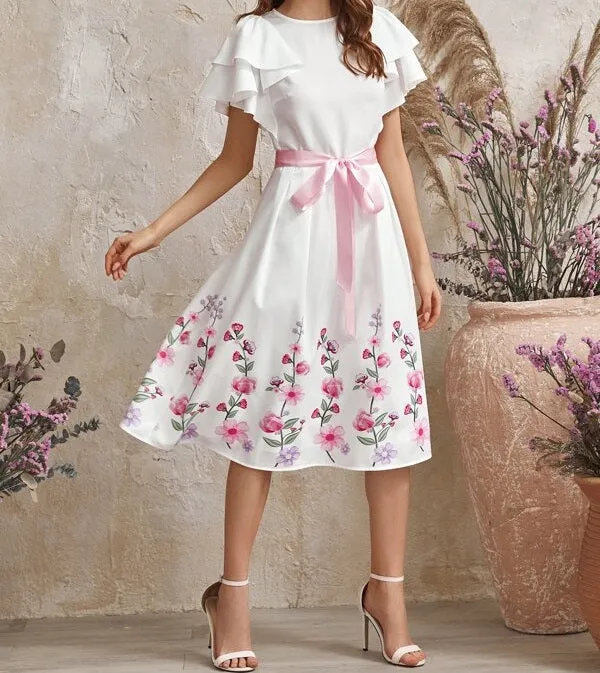 Layered Flutter Sleeve Floral Print Belted Dress