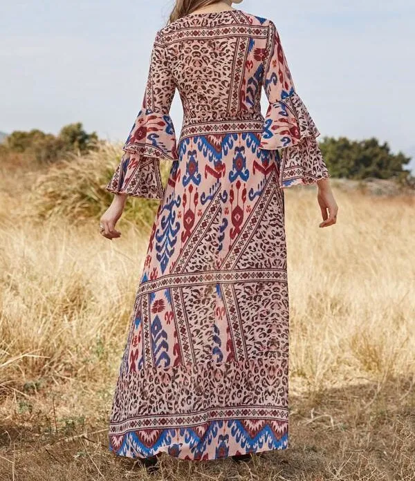 Leopard and Tribal Print Surplice Neck Layered Bell Sleeve Dress