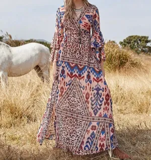 Leopard and Tribal Print Surplice Neck Layered Bell Sleeve Dress