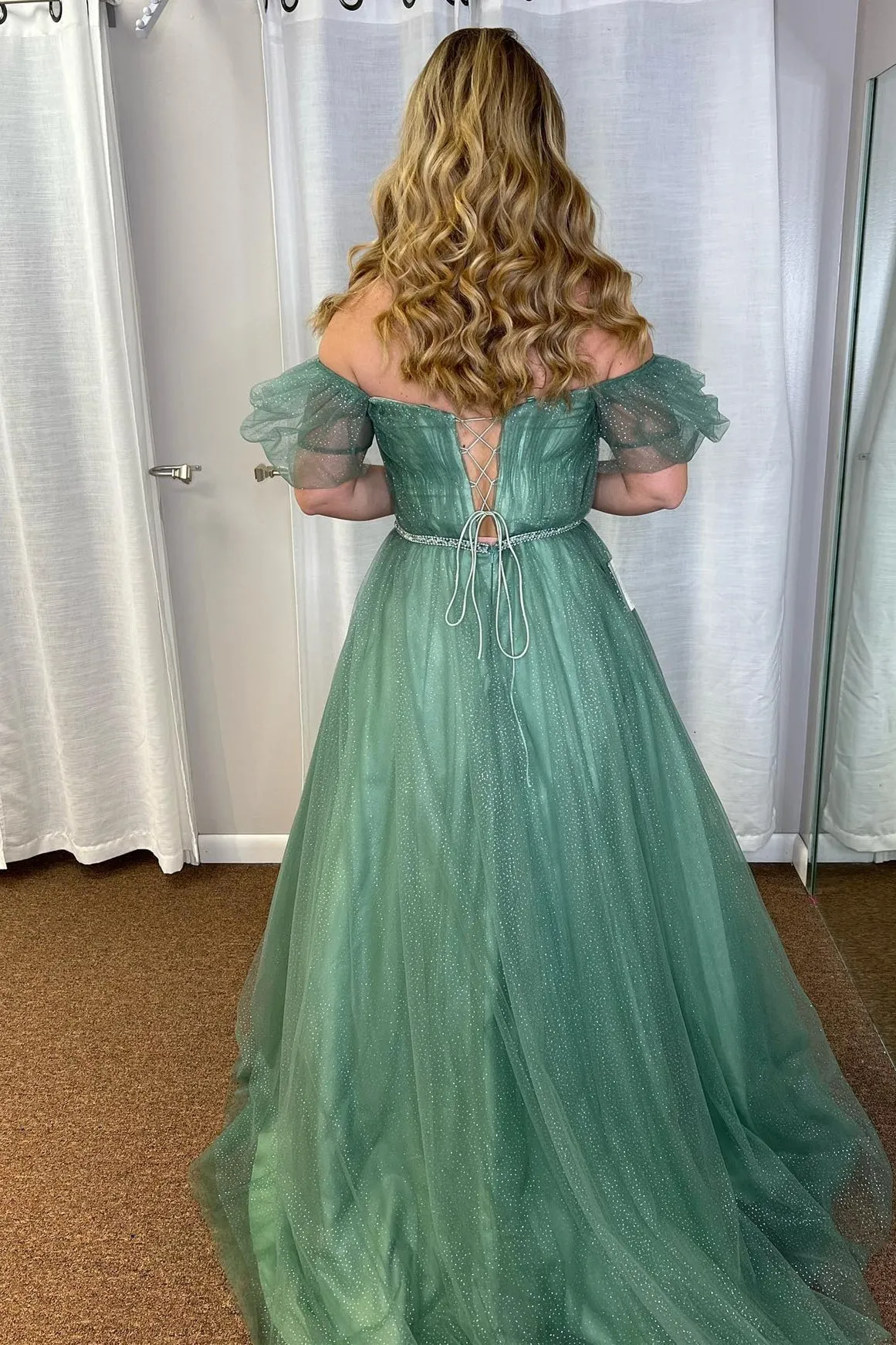 Lilyana | Sea Glass Tulle A-line V Neckline Off-Shoulder Long Prom Dress