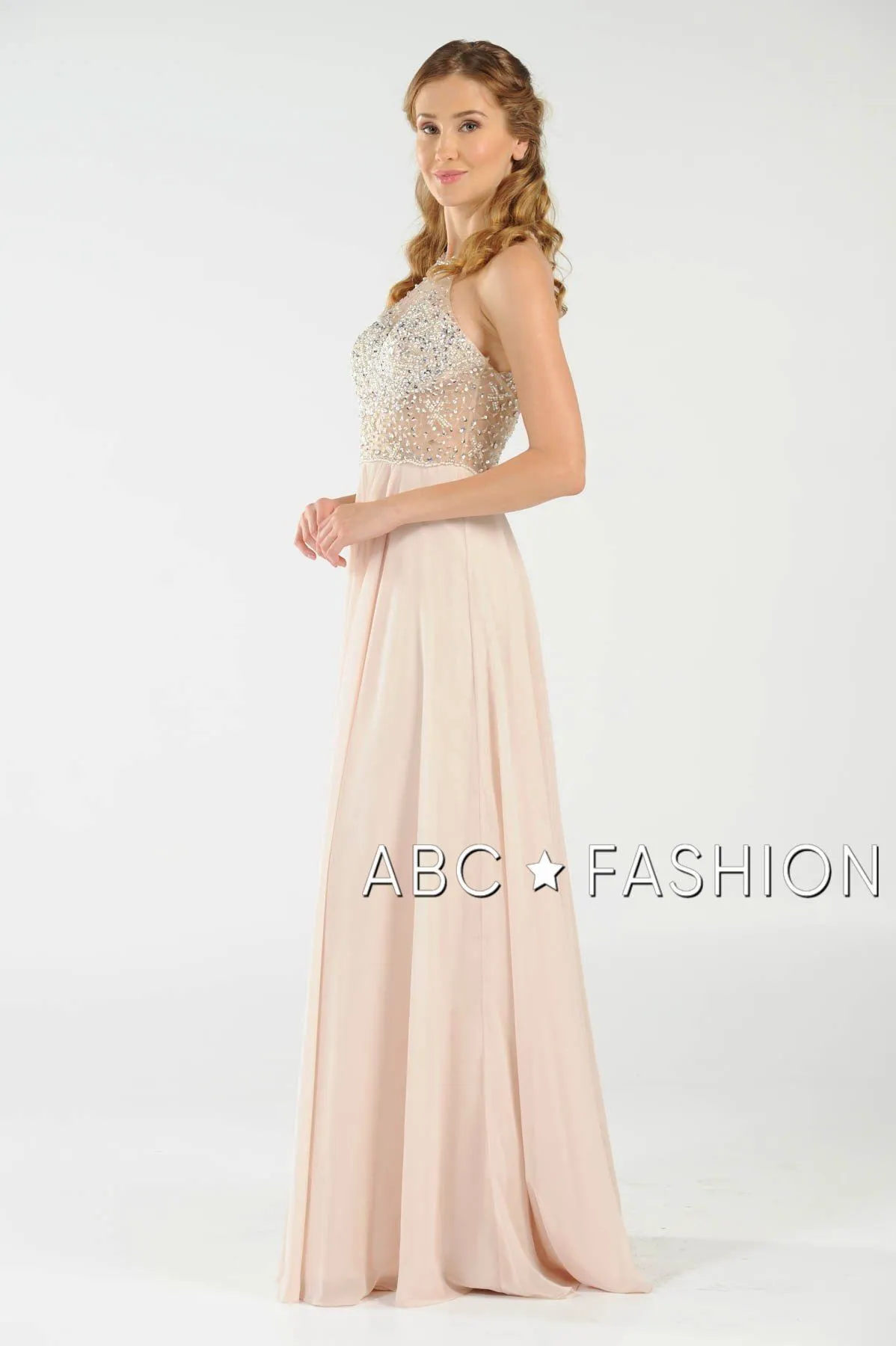 Long Beaded Halter Dress with Sheer Keyhole Bodice by Poly USA 8202