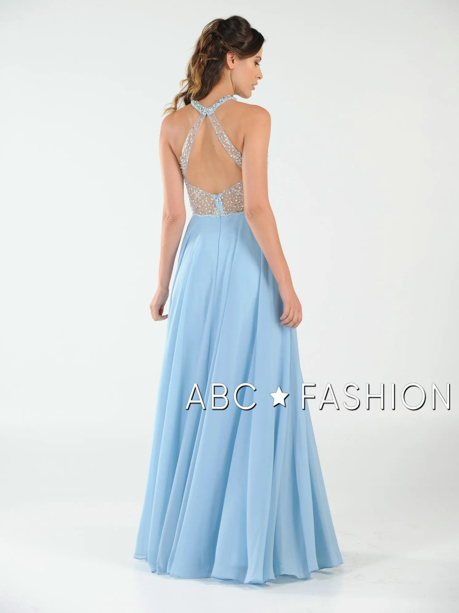 Long Beaded Halter Dress with Sheer Keyhole Bodice by Poly USA 8202