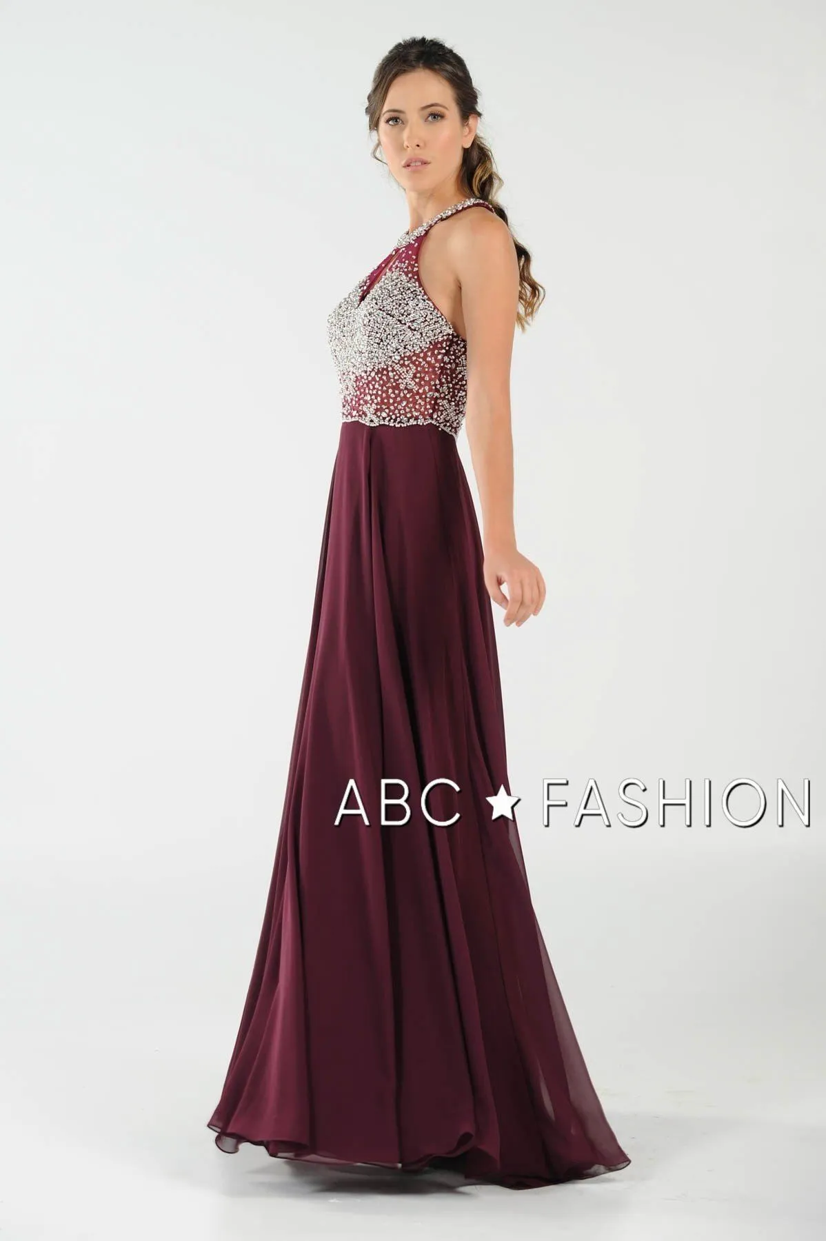 Long Beaded Halter Dress with Sheer Keyhole Bodice by Poly USA 8202