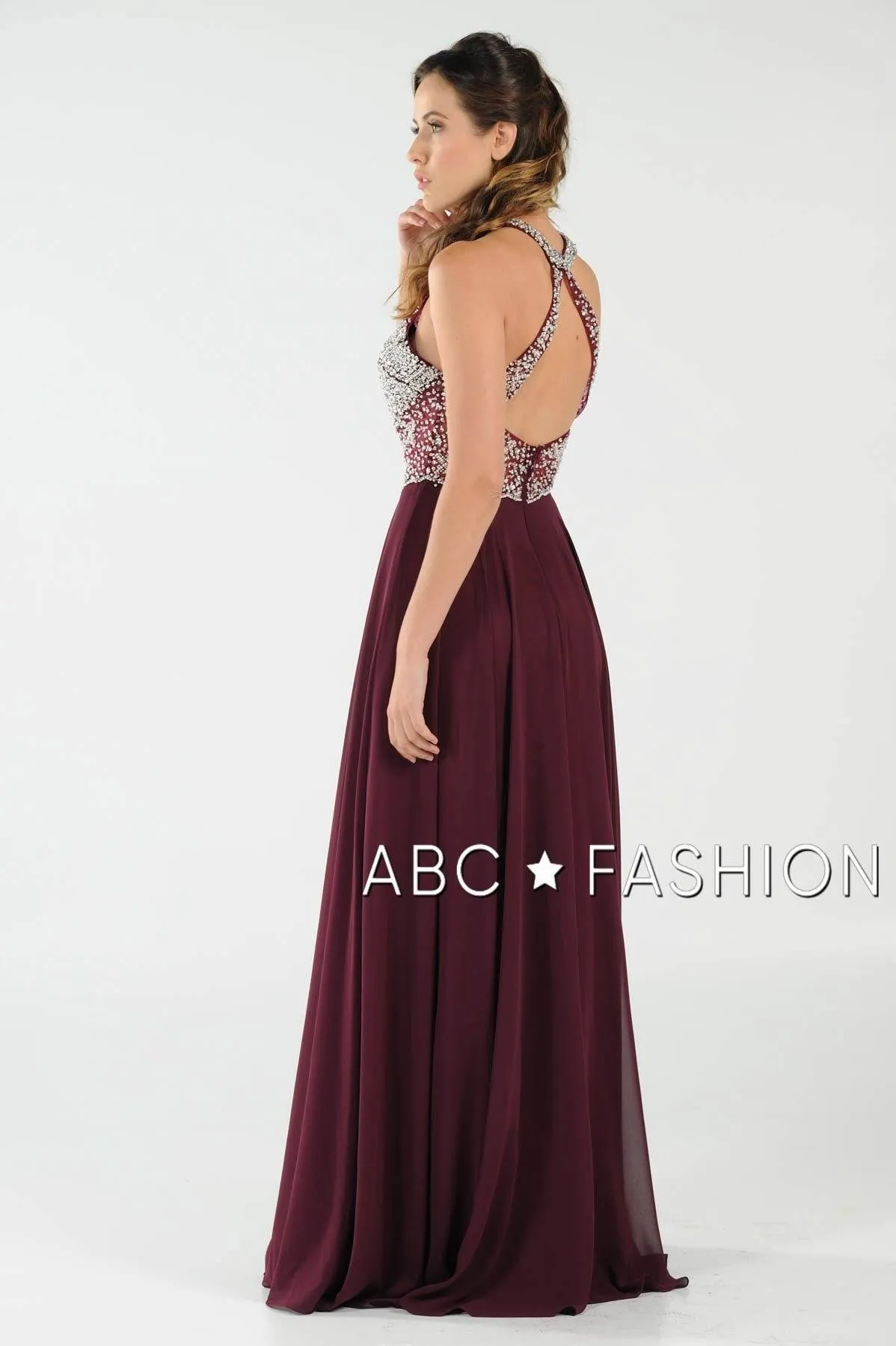Long Beaded Halter Dress with Sheer Keyhole Bodice by Poly USA 8202