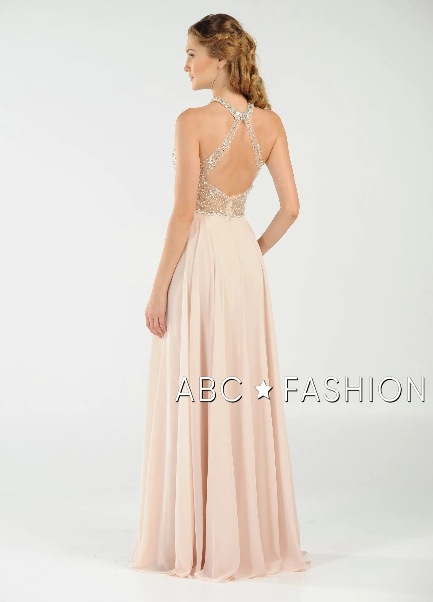 Long Beaded Halter Dress with Sheer Keyhole Bodice by Poly USA 8202
