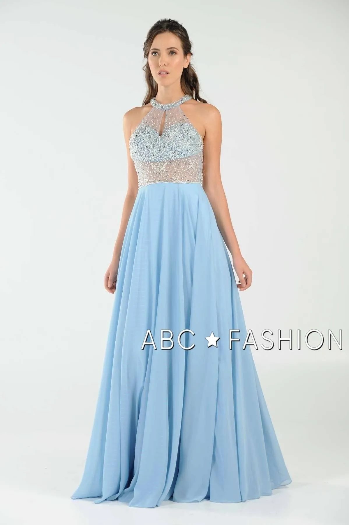 Long Beaded Halter Dress with Sheer Keyhole Bodice by Poly USA 8202