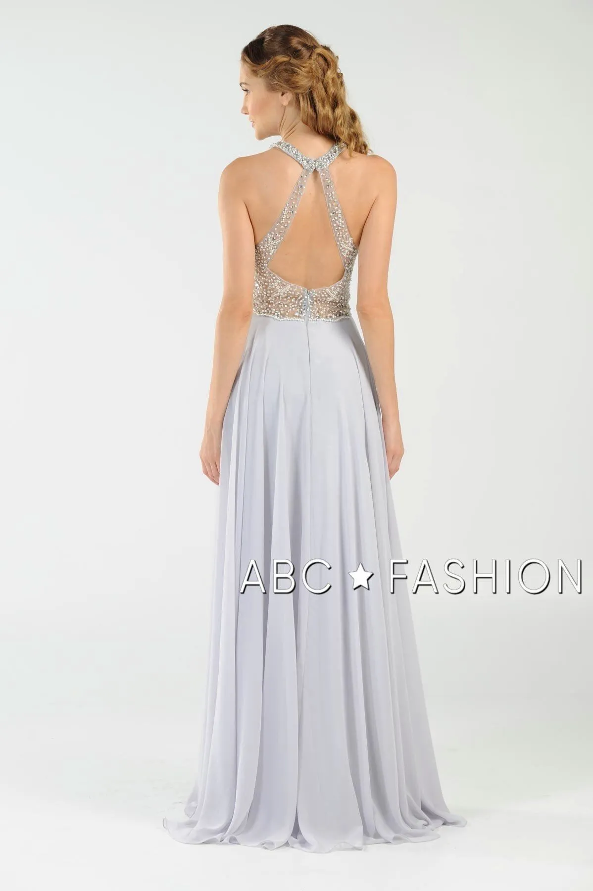 Long Beaded Halter Dress with Sheer Keyhole Bodice by Poly USA 8202