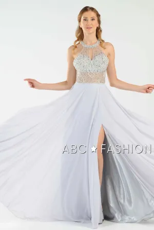 Long Beaded Halter Dress with Sheer Keyhole Bodice by Poly USA 8202