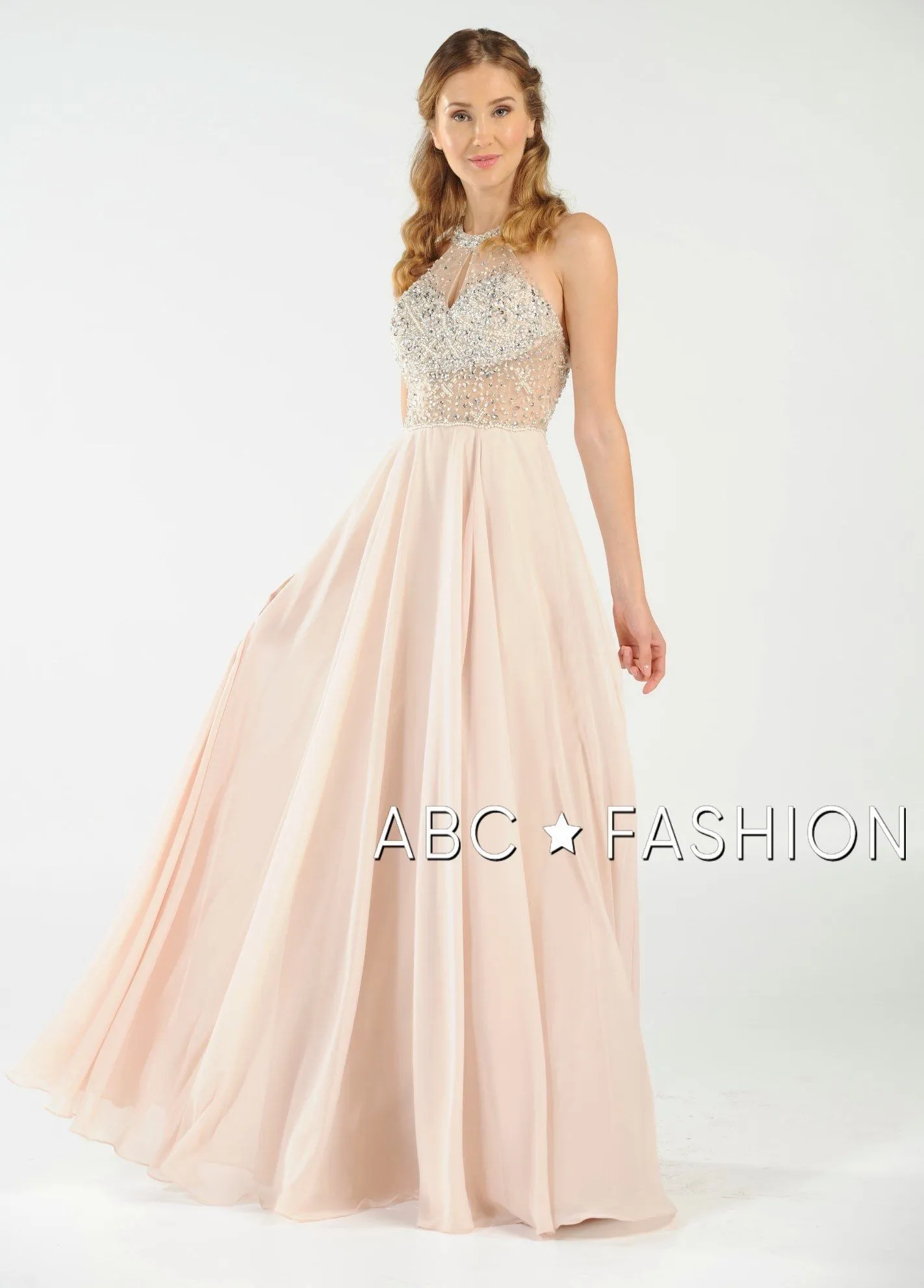 Long Beaded Halter Dress with Sheer Keyhole Bodice by Poly USA 8202