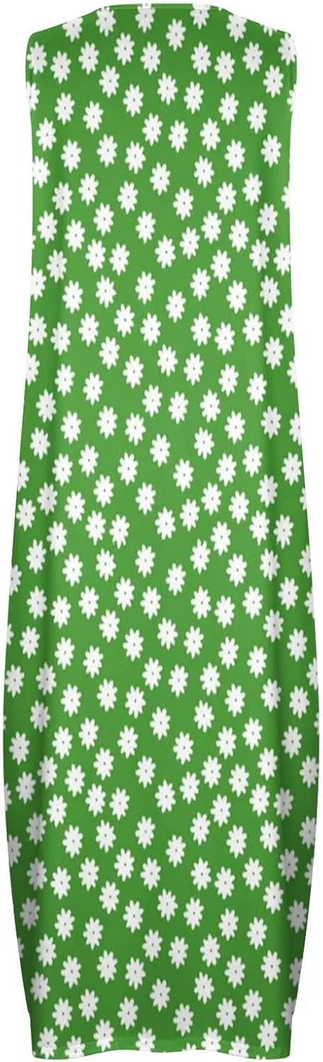 Long Dresses for Women Summer Sleeveless Floral Tank Dress Elegant Party Casual V Neck Hawaiian Sundress with Pockets