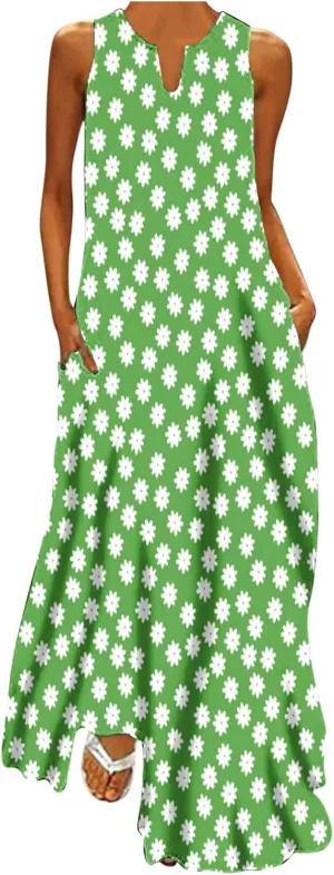 Long Dresses for Women Summer Sleeveless Floral Tank Dress Elegant Party Casual V Neck Hawaiian Sundress with Pockets