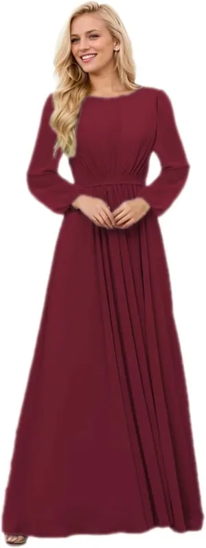 Long Sleeve Bridesmaid Dresses for Women Scoop Neck Ruched Formal Dresses for Wedding Guest Floor Length